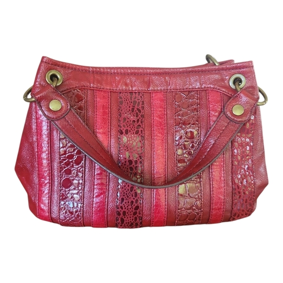 Relic Red Faux Leather Shoulder Bag Embossed Striped Patchwork Purse - Picture 1 of 12